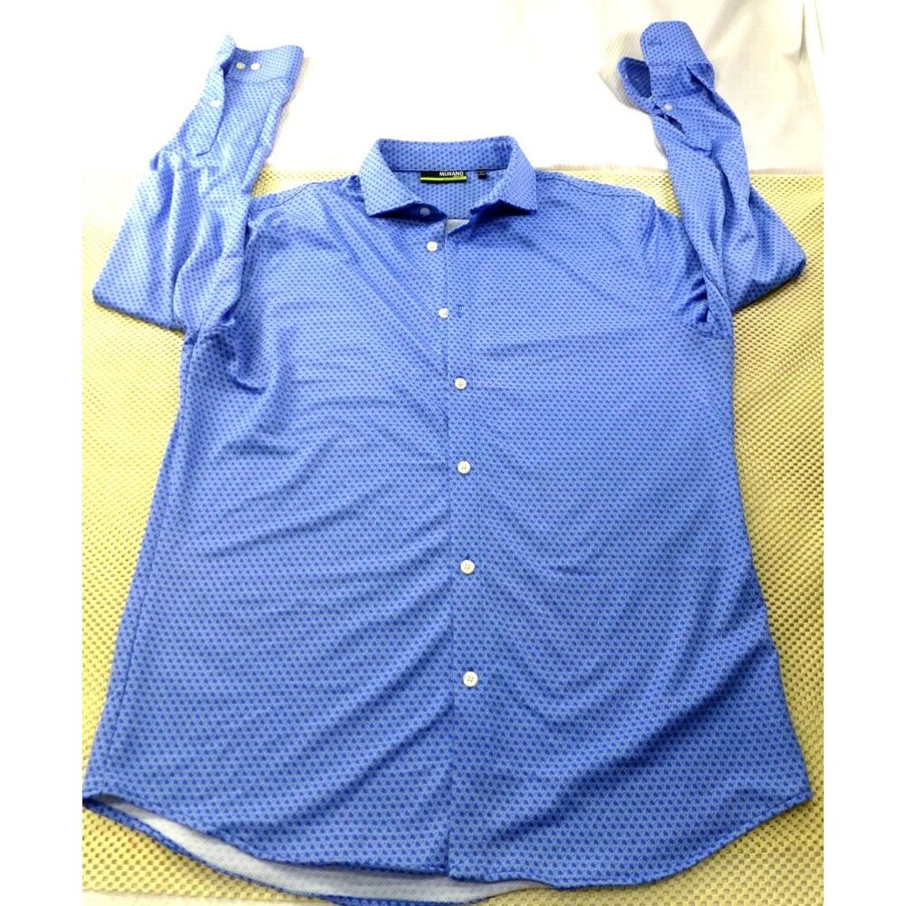 Murano Mens Slim Fit Blue Long Sleeve Button-Up Shirt With Geometric Pattern Siz - Picture 1 of 8
